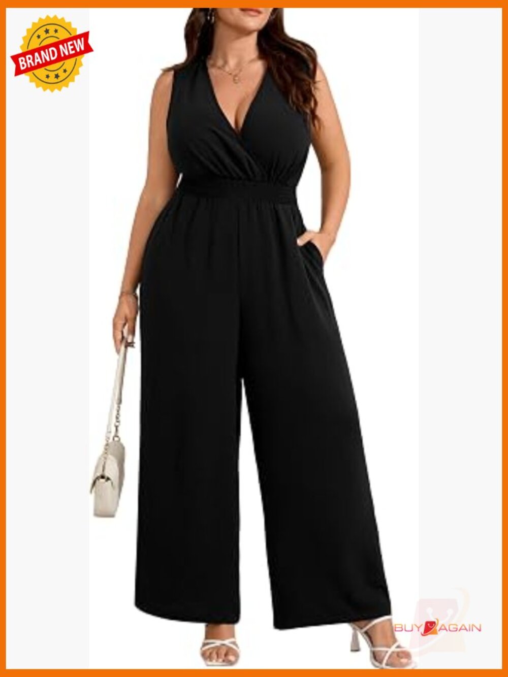 Plus Size Wrap V Neck Sleeveless Jumpsuit with Pockets - Women's Dressy Casual